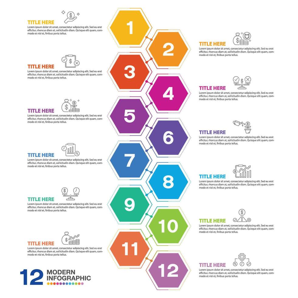 Hexagon infographic 12 process for presentation. vector