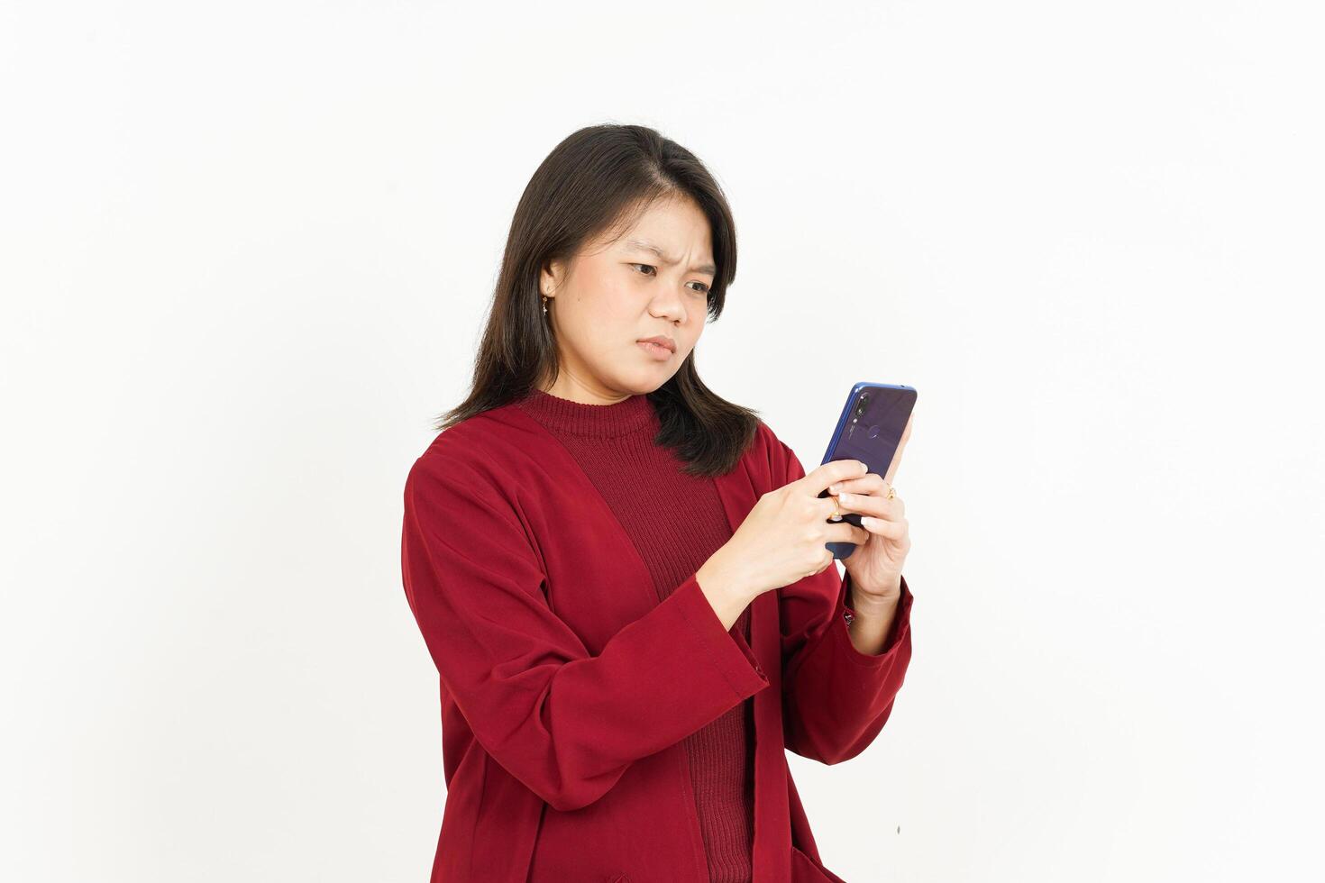 Asian woman using smartphone on white background photo