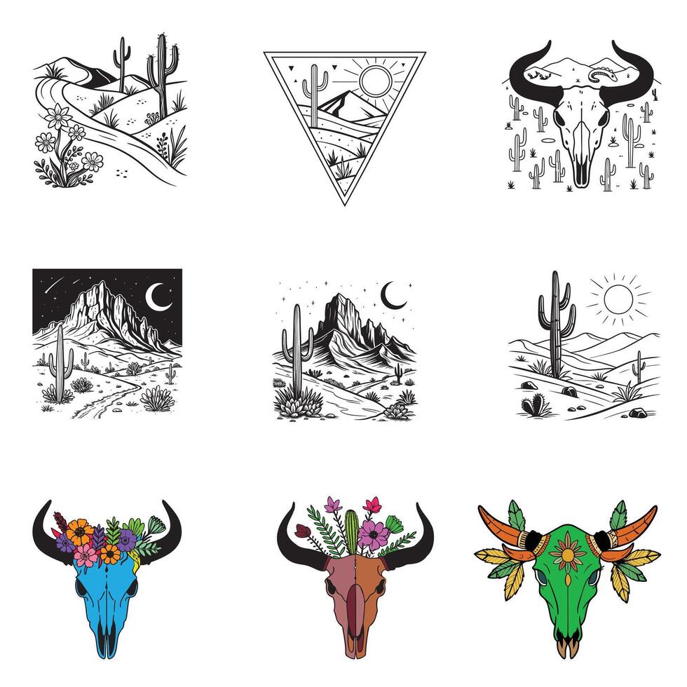 Longhorn Skull Design for Western Desert Scene Illustration Bundle vector