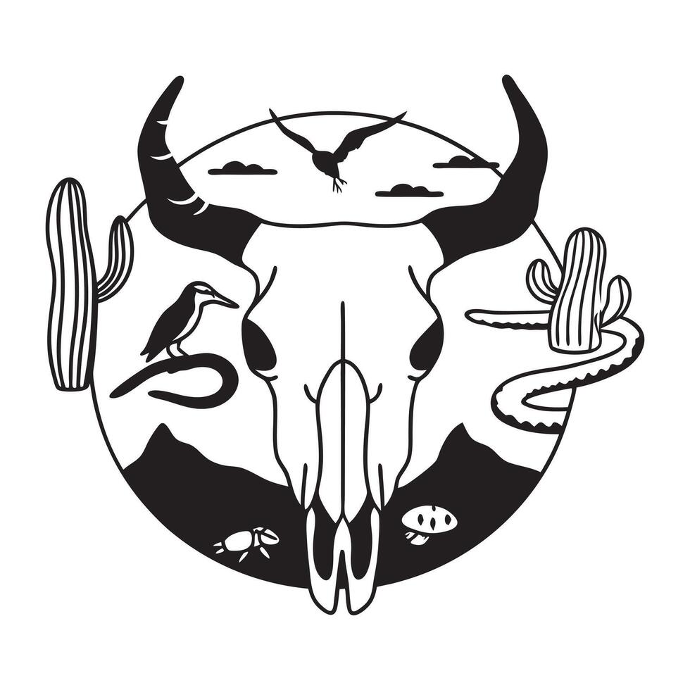 Intricate Cow Skull Desert Landscape Design for Western Themed Project vector