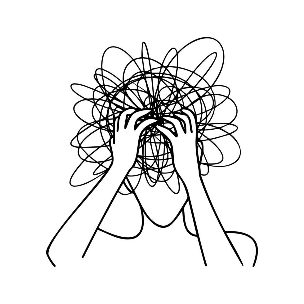 Chaotic expression of anxiety and overwhelm illustrated through abstract lines and human silhouette on white background vector