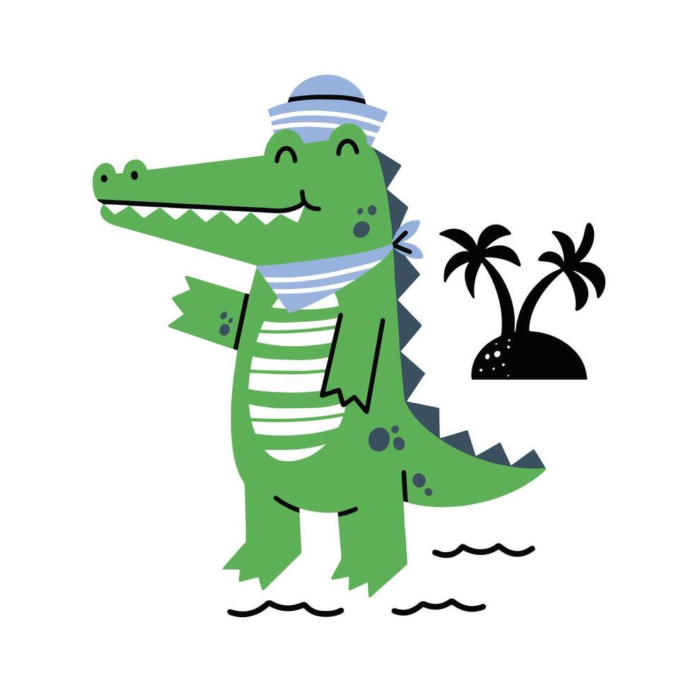 A cartoon crocodile with a hat and a palm tree vector