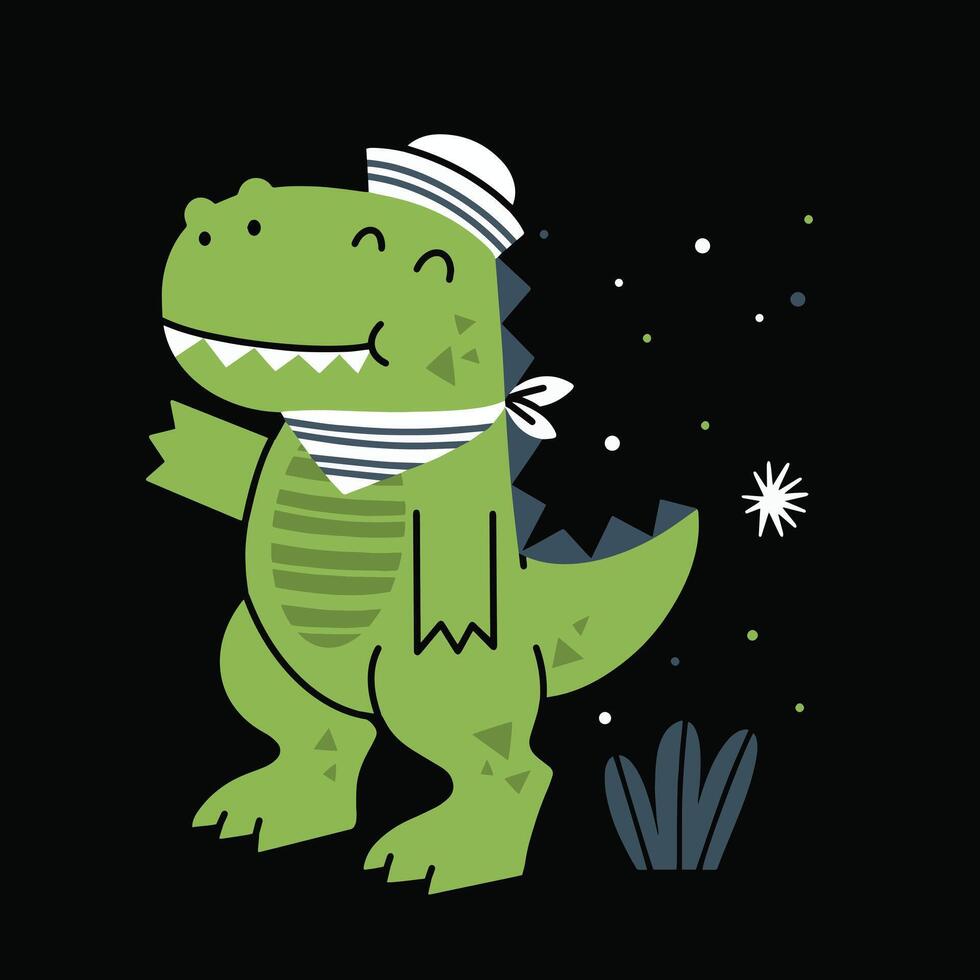 A cartoon dinosaur wearing a sailor hat and a star vector