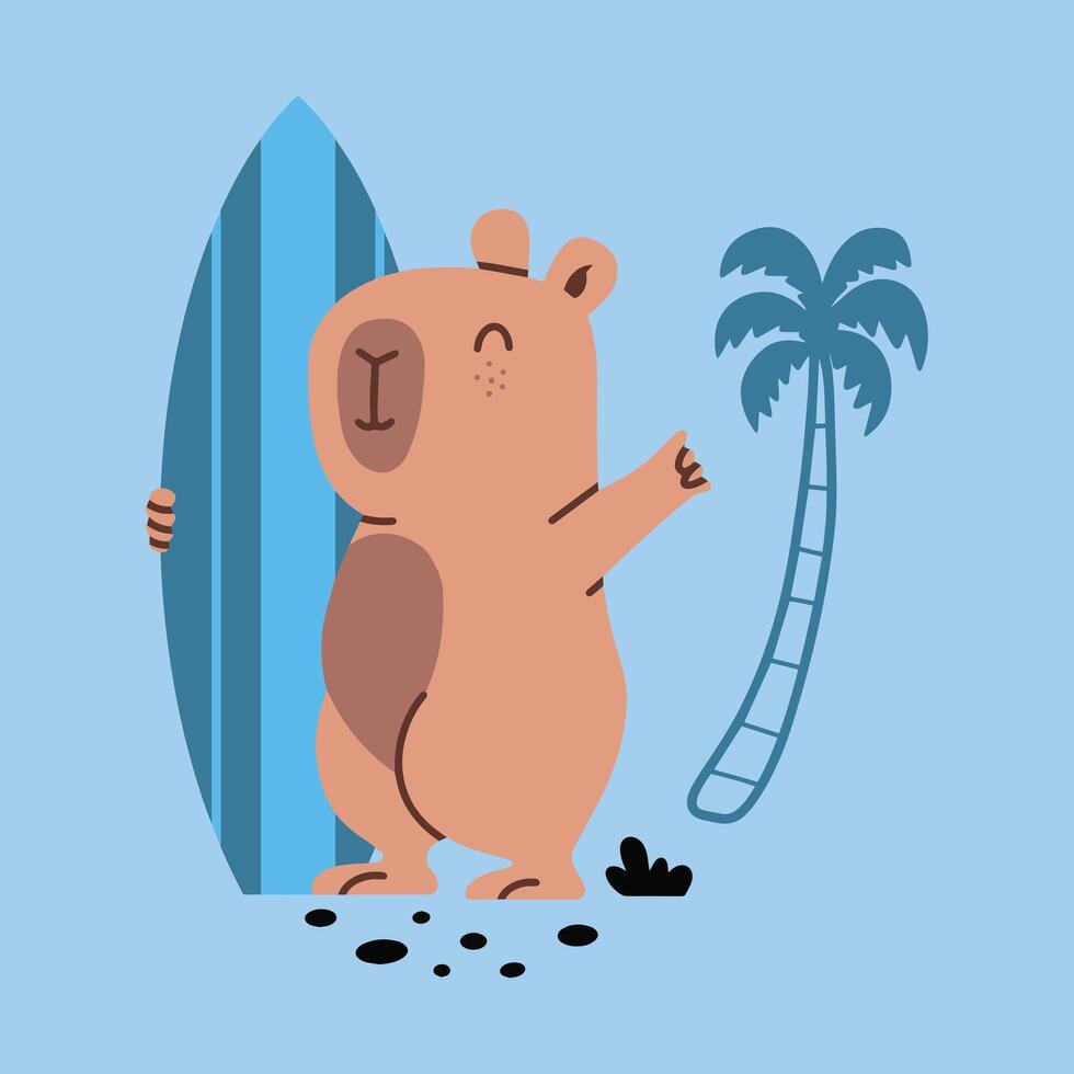 A cartoon bear holding a surfboard and standing next to a palm tree vector