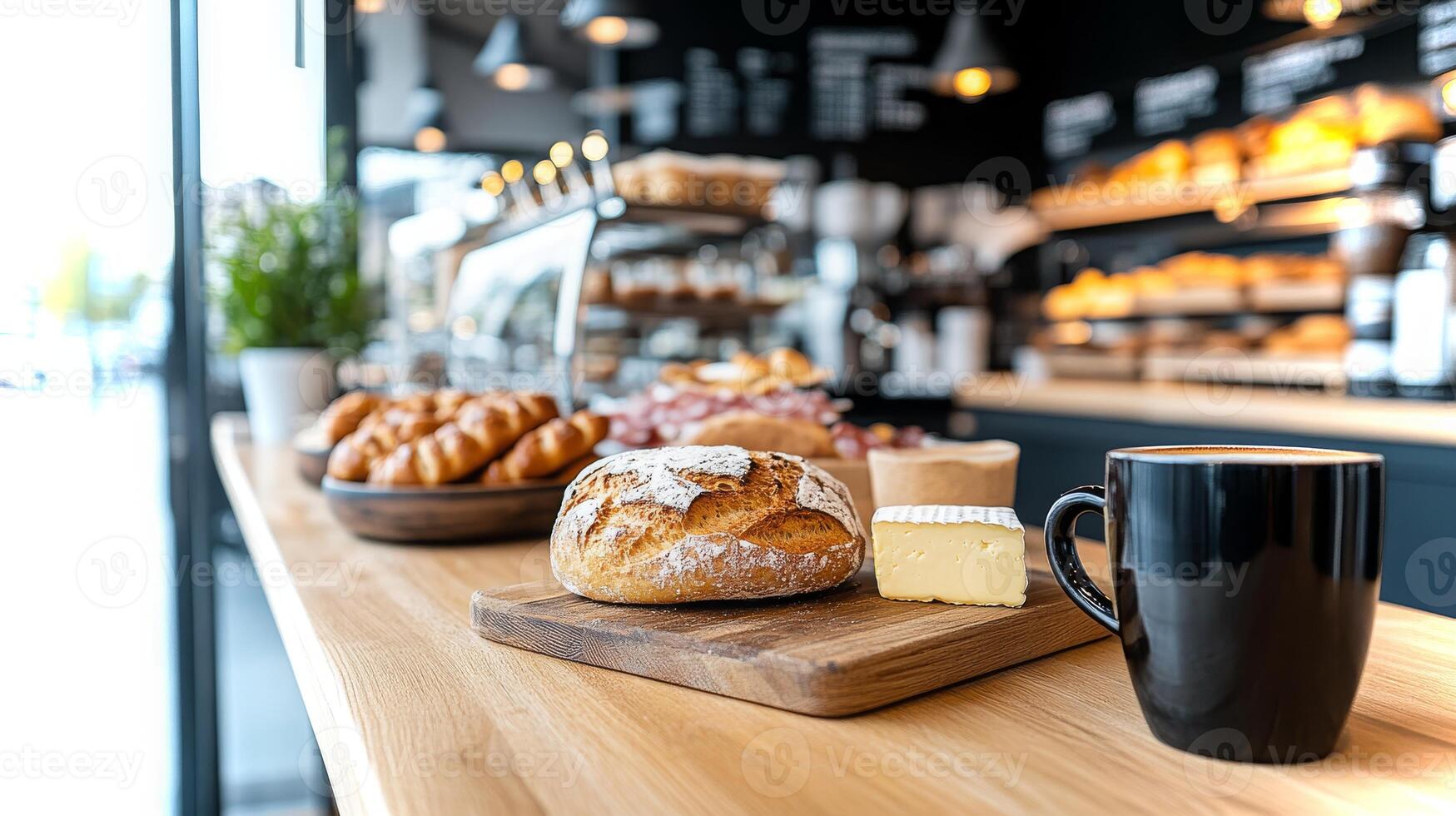 Wooden tables, filled with an array of freshly baked breads and pastries invite customers to enjoy coffee and treats in a cozy German bakery atmosphere. photo