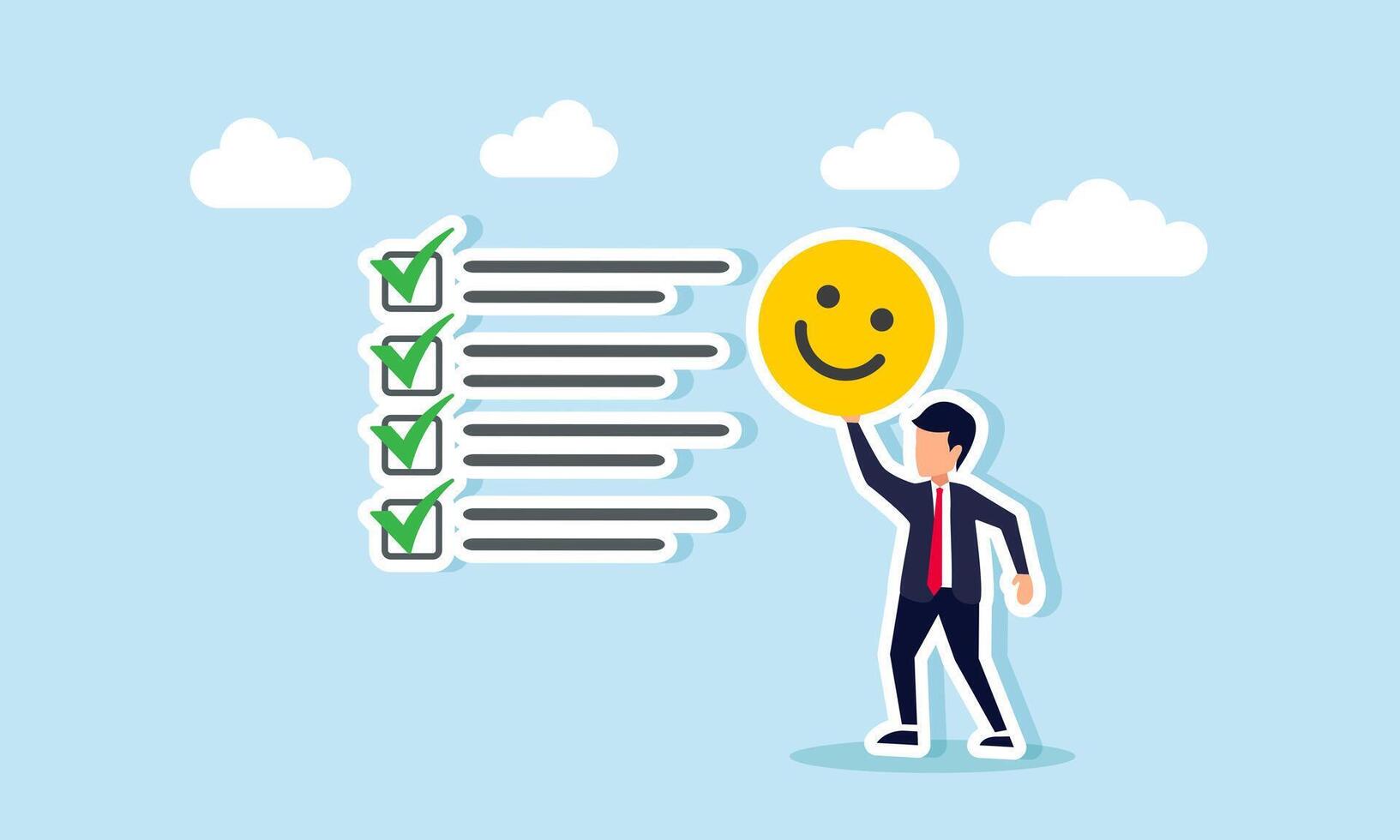 A businessman stands next to a checklist holding a happy emoticon, illustration of a reward as a positive impression for completing a business task vector