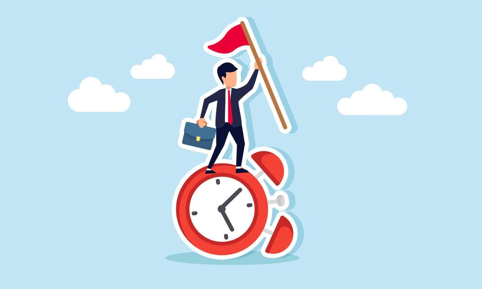 Businessman raises a stick and stands on an alarm clock, illustration of success in managing business time effectively and efficiently vector