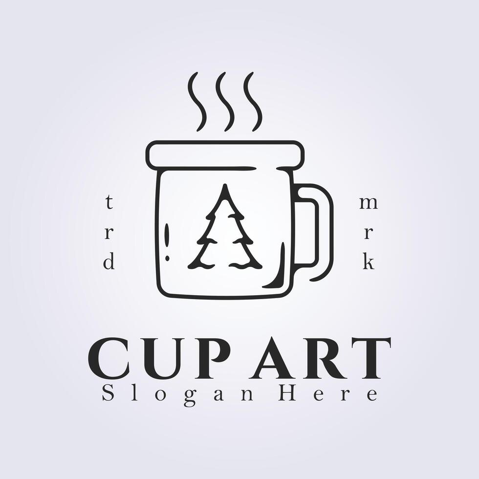 line art cup drink logo design, hot coffee adventure logo template design graphic vector