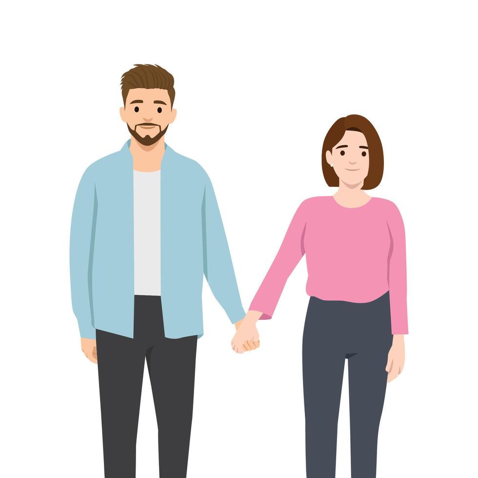 Man and woman stand side by side, holding hands, symbolizing love, connection, and companionship. vector