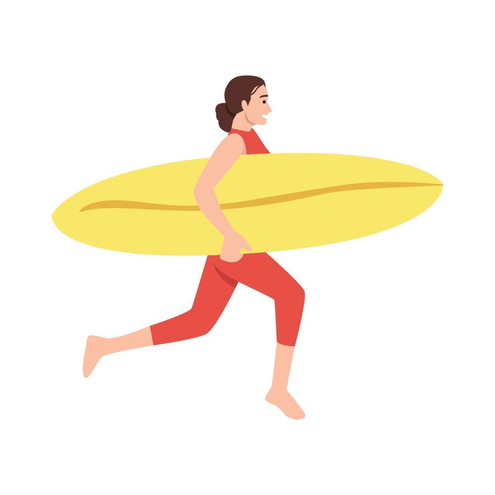 Surfer runs towards the ocean, carrying a bright yellow surfboard, ready to ride the waves. vector
