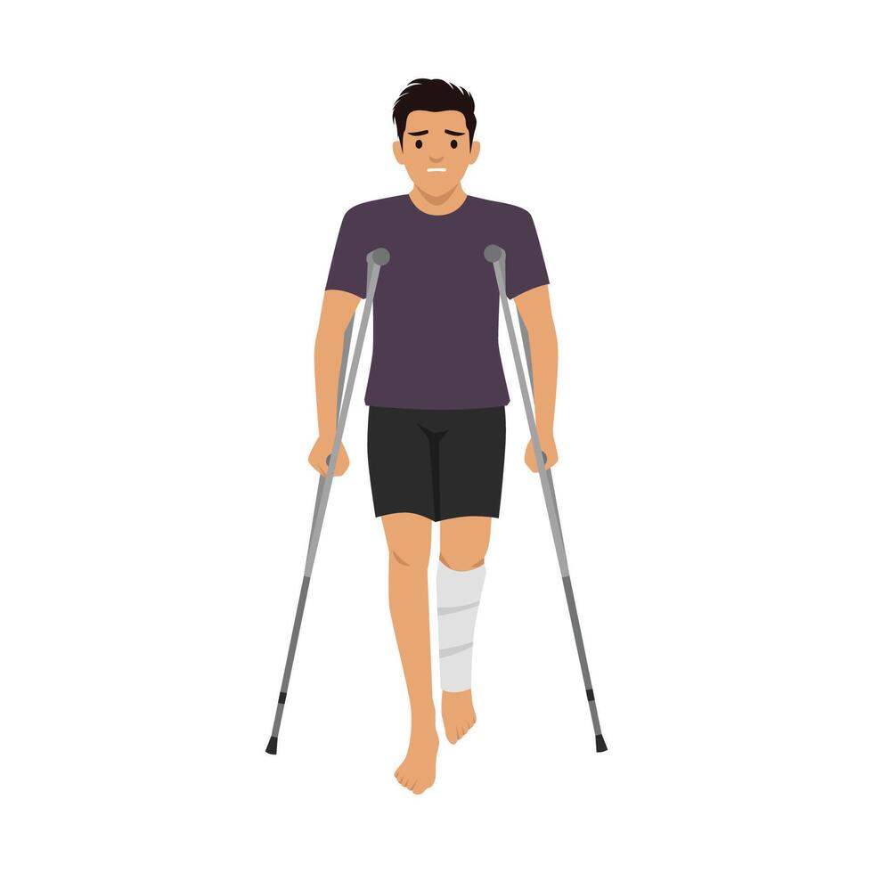 Young man with a bandaged leg is walking with the support of crutches. vector