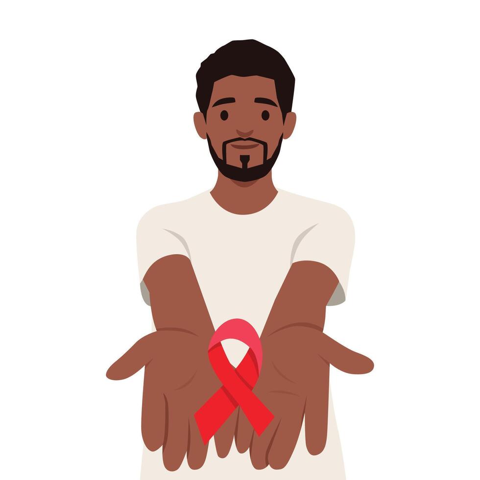 Man with open hands presents a red ribbon, awareness, support for World AIDS Day and related causes. vector