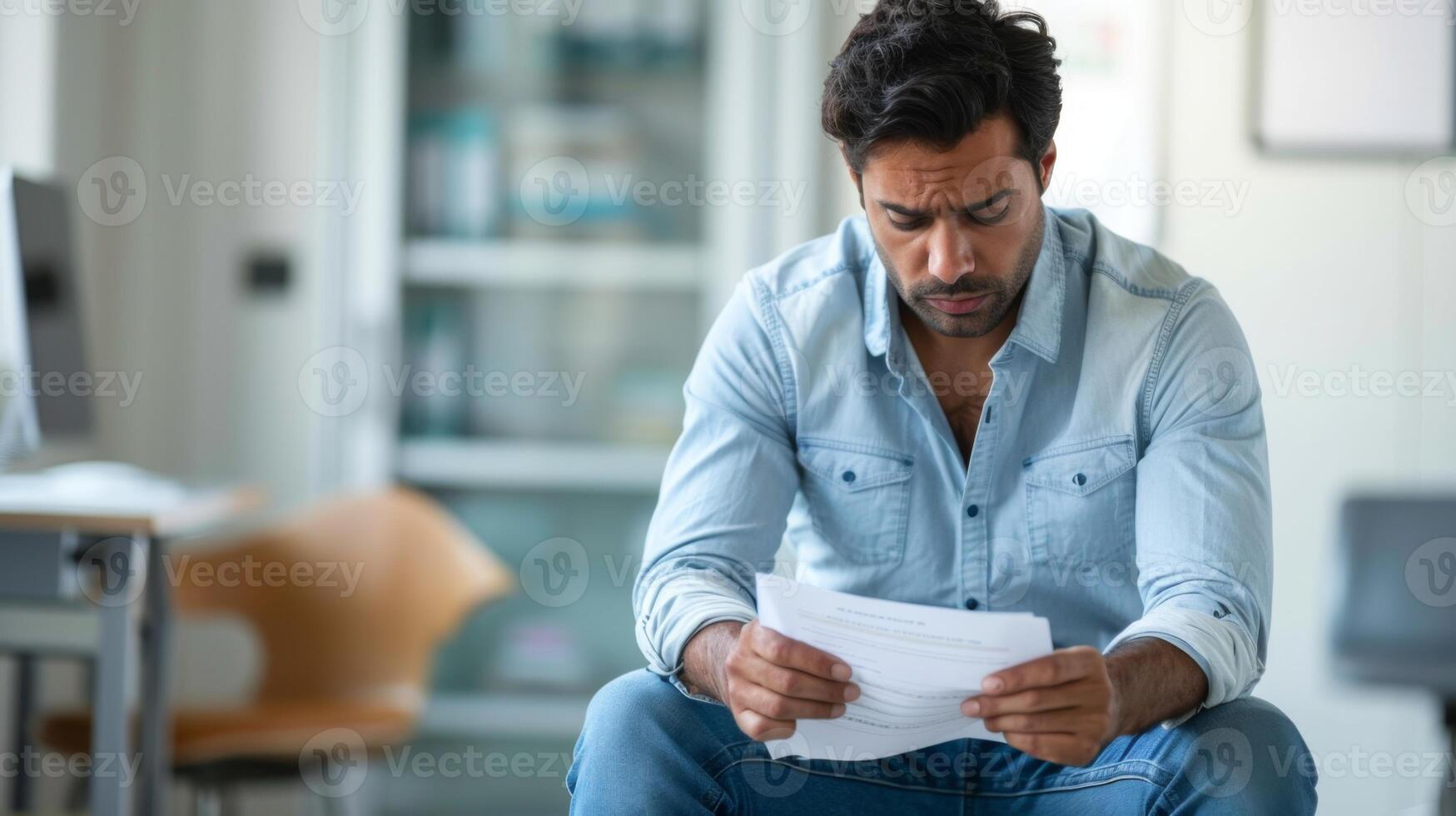 A man sits in a bright medical office, studying fertility test results with a serious expression. The environment is clinical, suggesting a focus on health and fatherhood challenges. photo