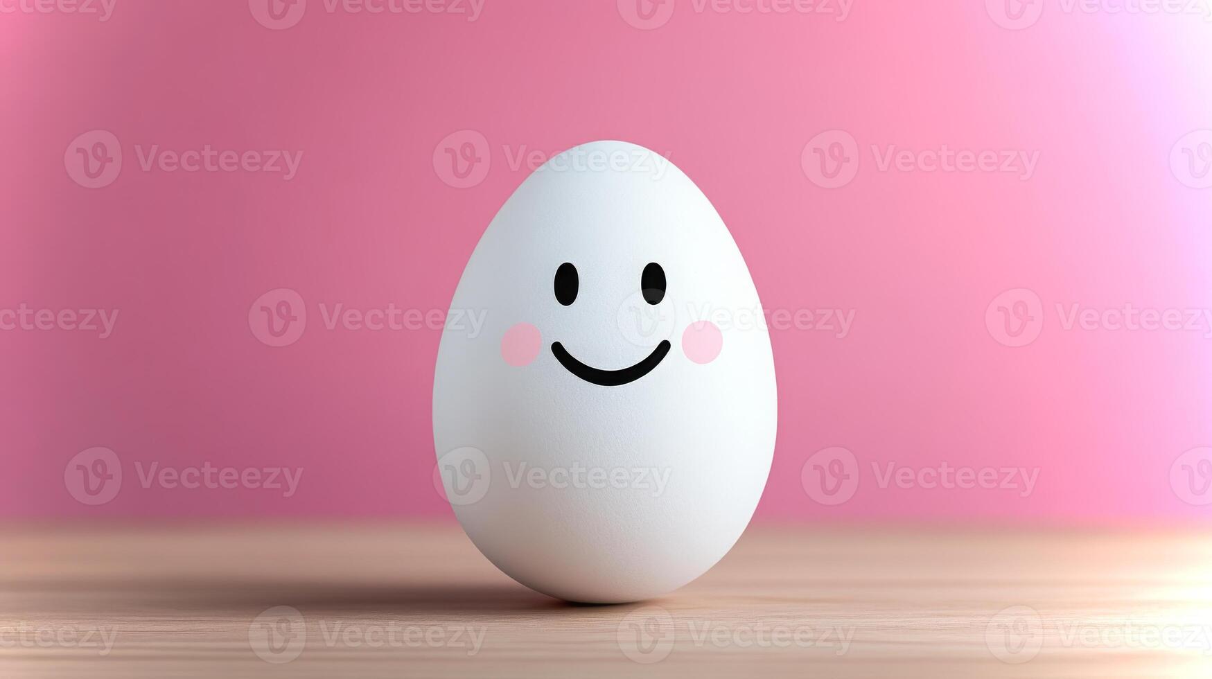A white egg with a friendly smile and rosy cheeks sits on a wooden surface. The soft pink background enhances the cheerful atmosphere of the scene. photo
