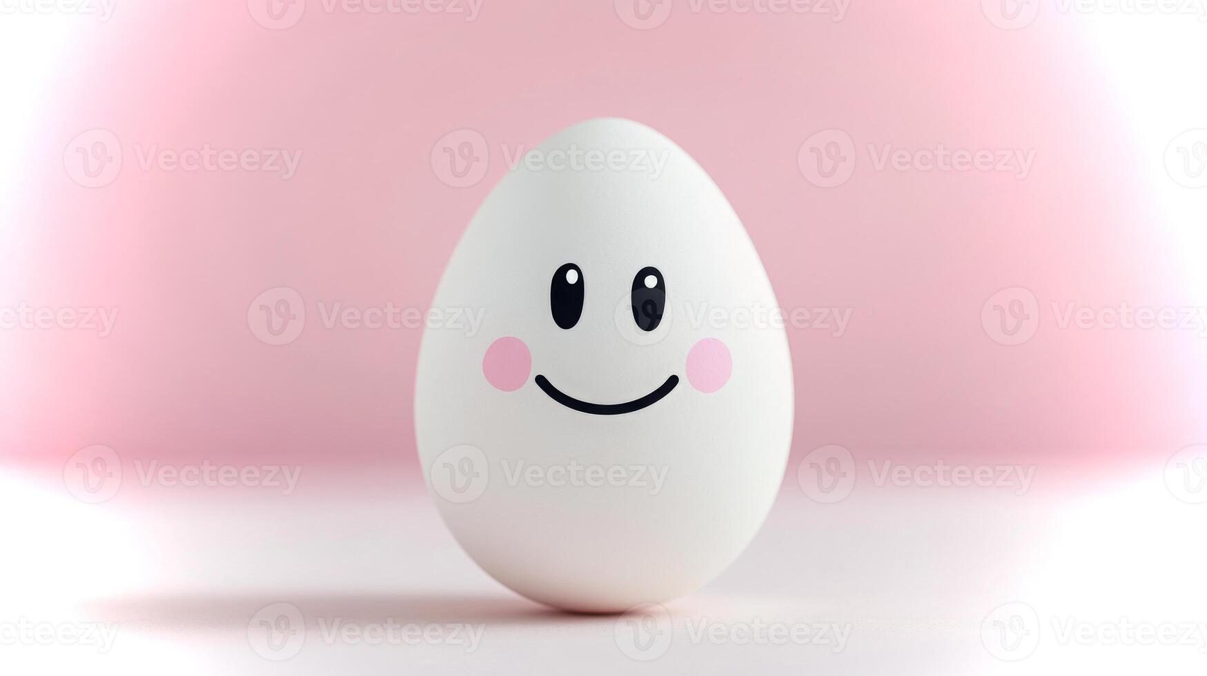 A cheerful egg with a smiling face and rosy cheeks stands against a soft pink backdrop, creating a whimsical and lighthearted atmosphere filled with joy. photo
