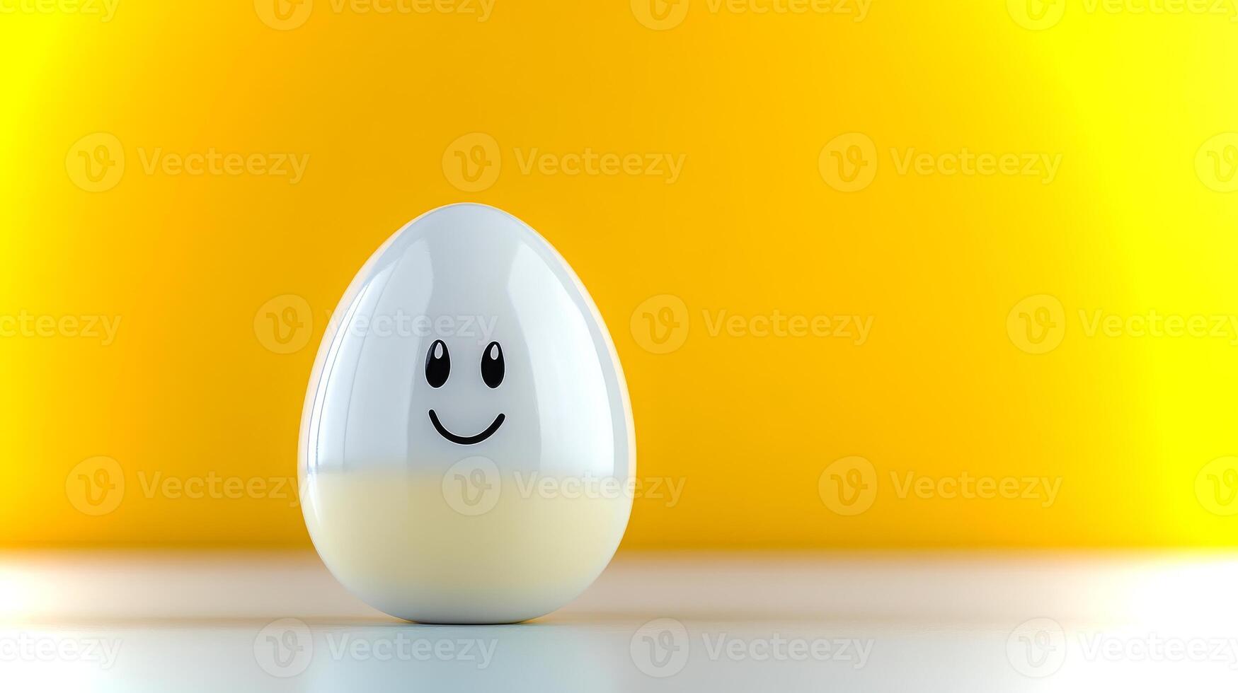 A cheerful egg figure with a smiling face stands against a vivid yellow backdrop, radiating joy and positivity in a playful setting filled with light. photo