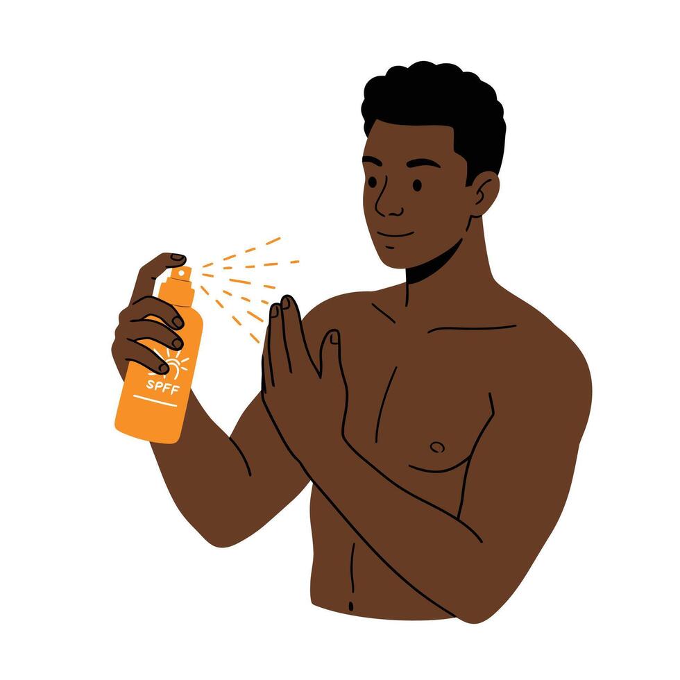 Diverse Race Male Using Sunscreen Spray on a White Background vector