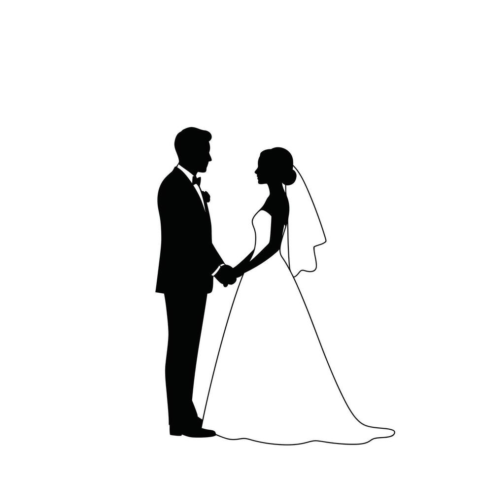 A silhouette of a bride and groom standing together vector
