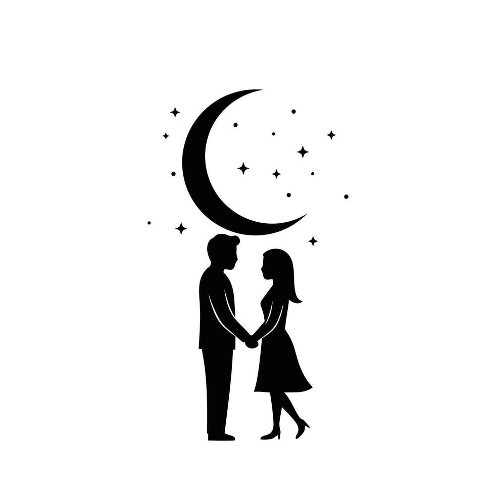 Silhouette of a couple holding hands under the moon vector