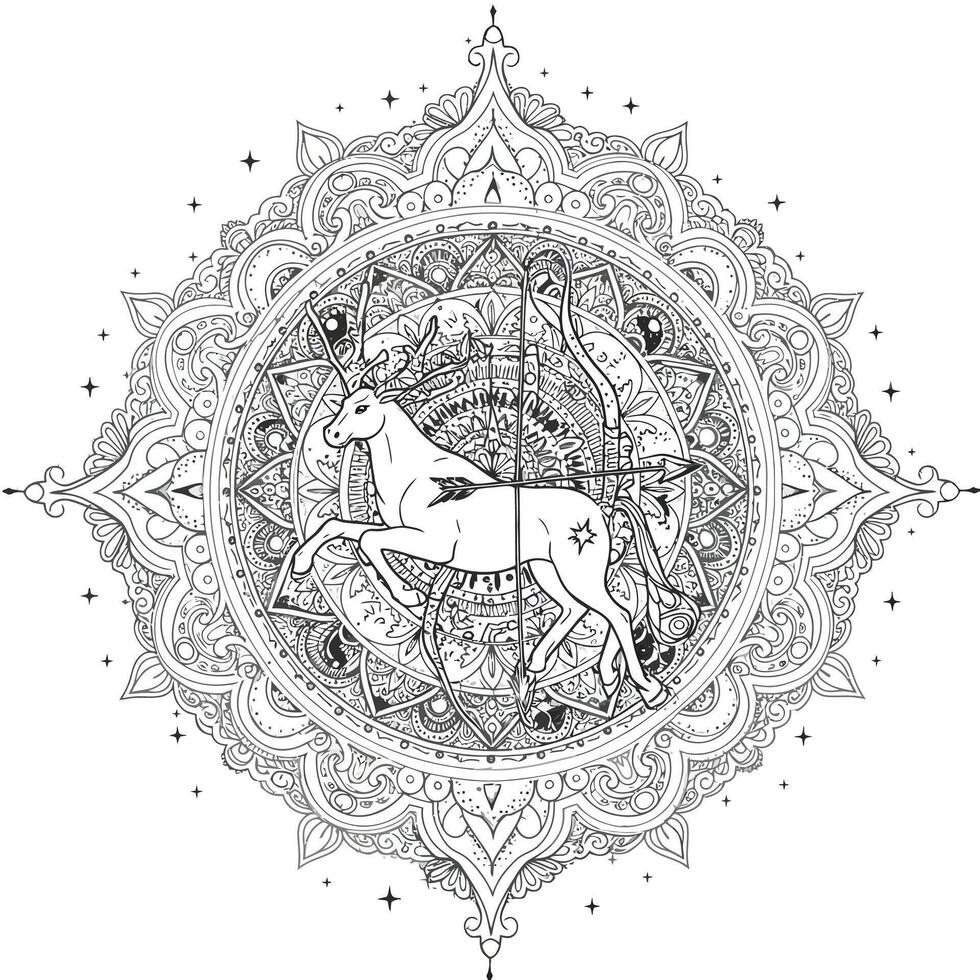 A Sagittarius Mandala With a Bow and Arrow at the Center Framed by Celestial Patterns Swirling Lines and Adventurous Starbursts vector