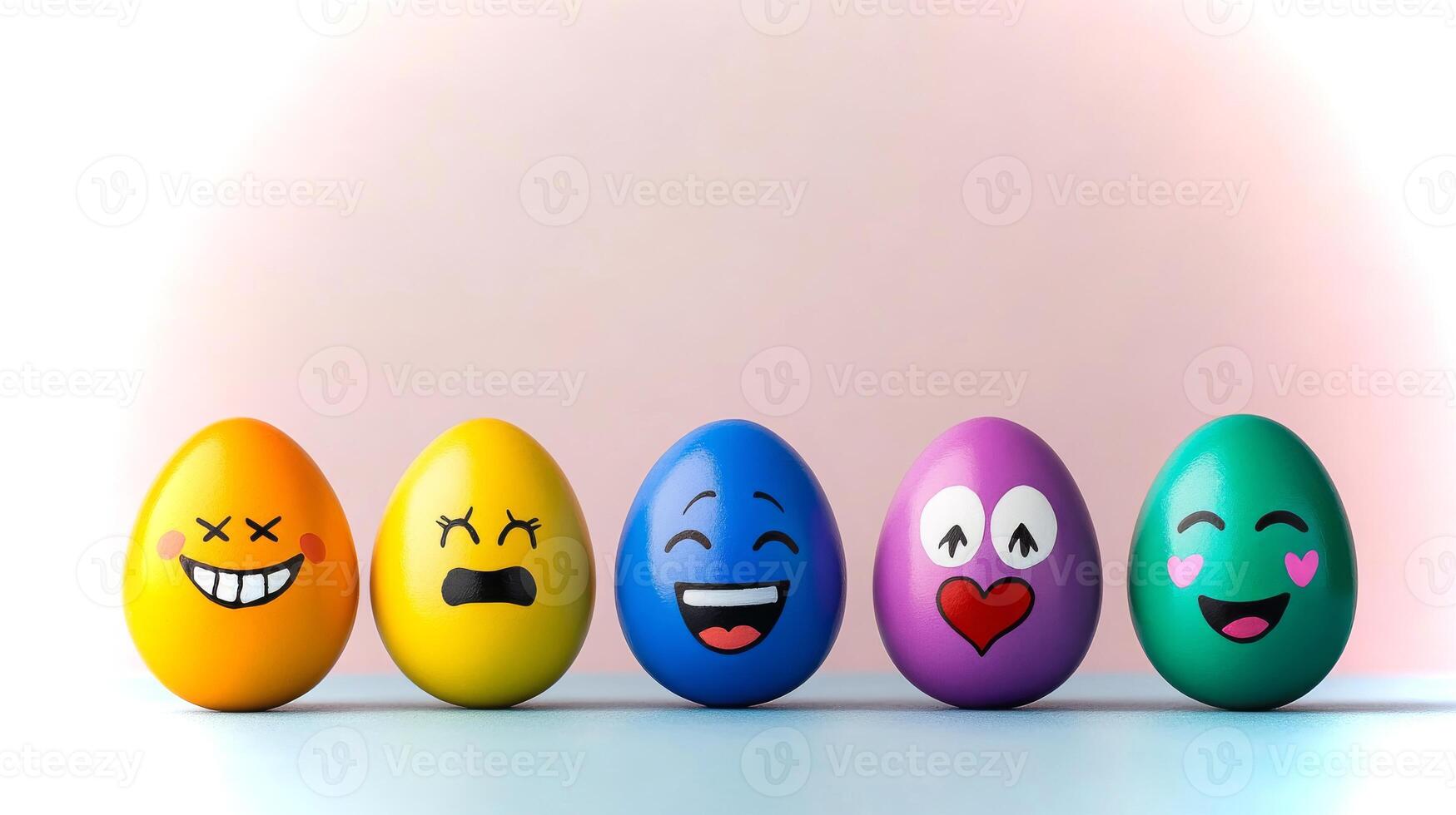Five distinctively painted eggs with expressive faces showcase a range of emotions against a soft pastel backdrop, creating a playful and cheerful atmosphere. photo
