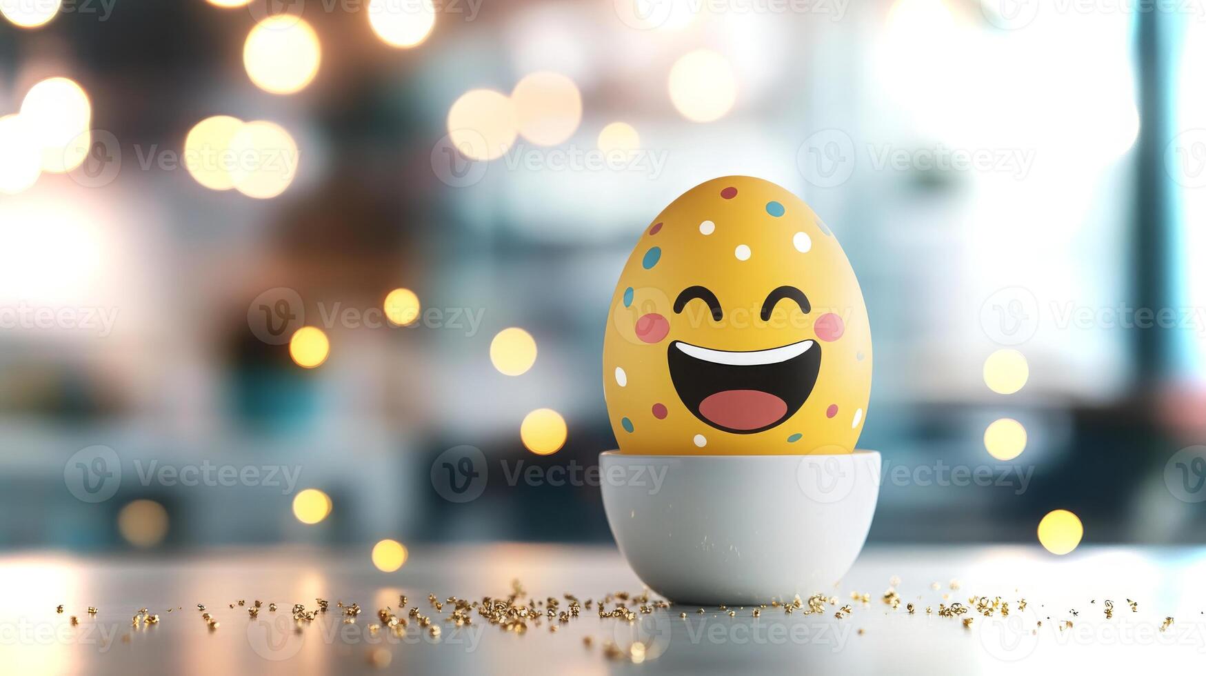 A cheerful egg with a smiling expression and colorful dots is placed in a white bowl. Soft, vibrant lights create a festive atmosphere in the background. photo