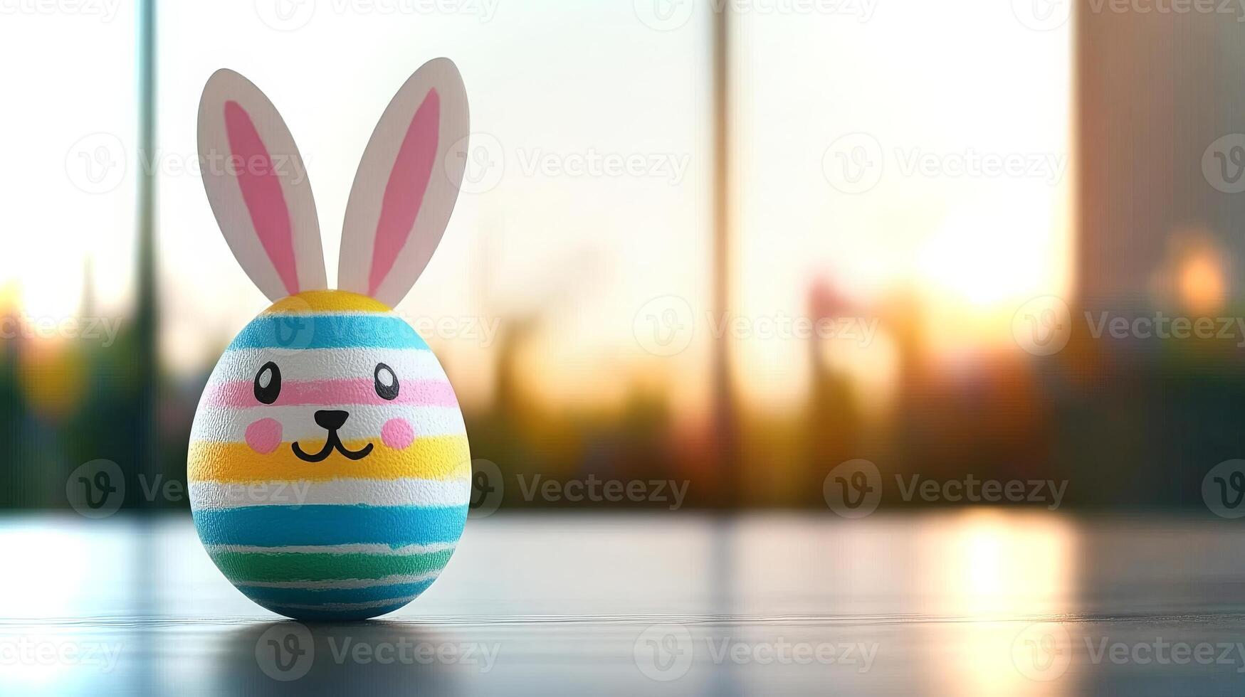 A vibrant Easter egg with stripes and bunny ears stands on a table, showcasing a cheerful face against a beautiful sunset backdrop. photo