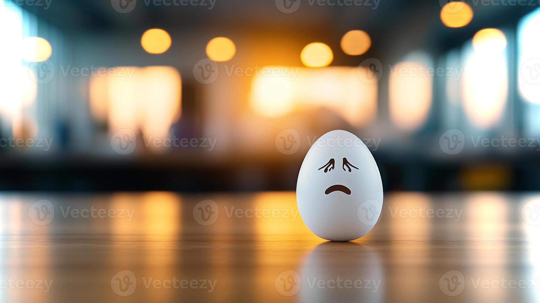 A lonely white egg with a frowning face sits on a wooden surface, illuminated by warm golden light from nearby windows, evoking a sense of melancholy. photo