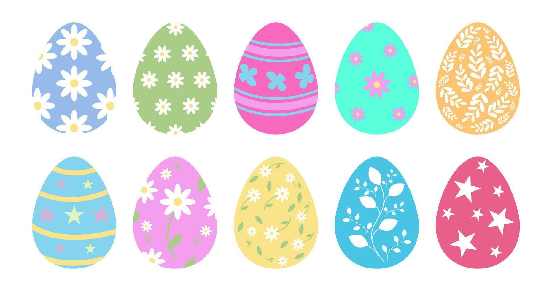 Easter Eggs Set. Happy Easter Cute Eggs Drawing Clipart Icons. Spring Holiday Flat Oval Shape Elements. Clip art Collection in Colorful and Multicolored Paint art for Traditional Christian. vector