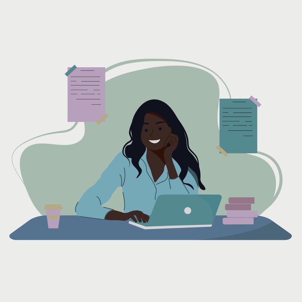 Online Education. Concept Black Girl Sitting at Table with Laptop. Poster Trainings and Courses, lessons Idea. Illustration for Website Banner, Marketing Material, Presentation Template, Internet. vector