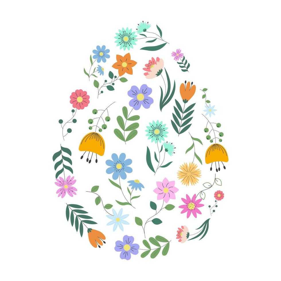 Easter Patterned Egg with Flowers. Happy Spring Holiday Egg for Banner, Poster, Greeting Card Background. Modern Easter Design with Egg, Flowers. Cute Easter Elements. Creative Spring Pattern. vector