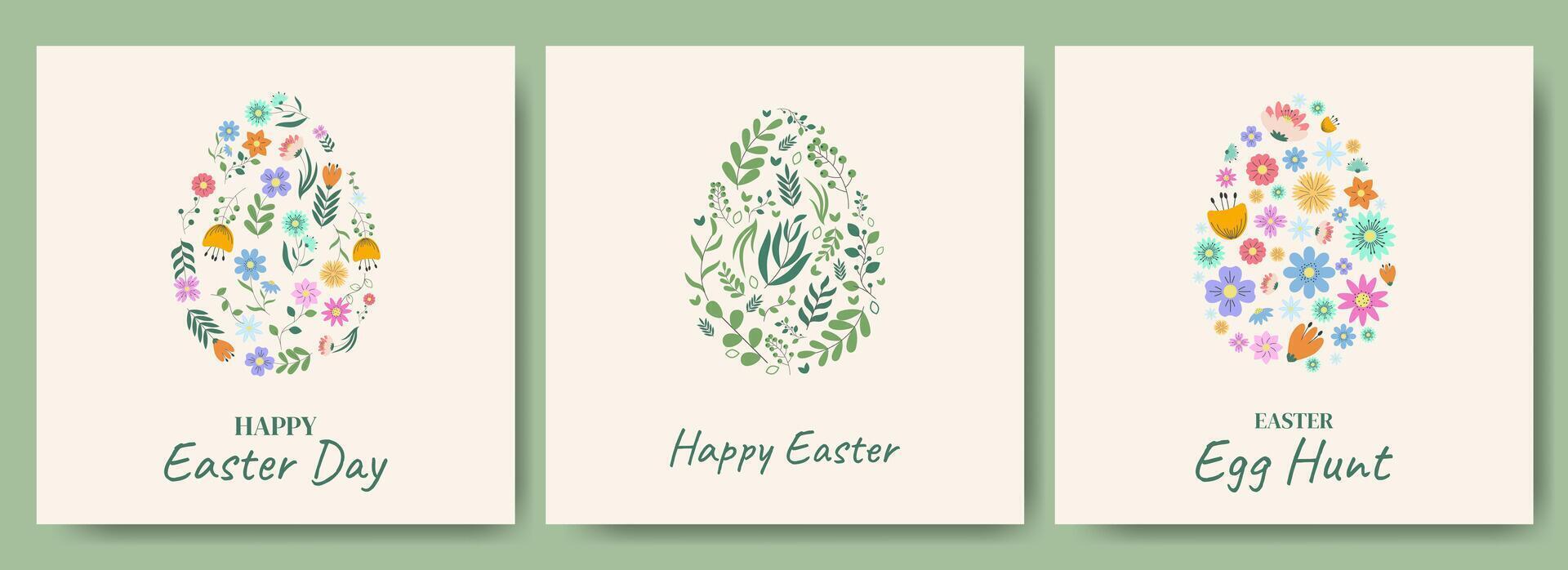 Happy Easter. Spring Holiday Banner, Poster, Greeting Card Set. Modern Easter Design with Eggs, Flowers and Holiday Typography. Cute Posters in Pastel Colors. Creative Spring Patterned Eggs. Eggs Set. vector