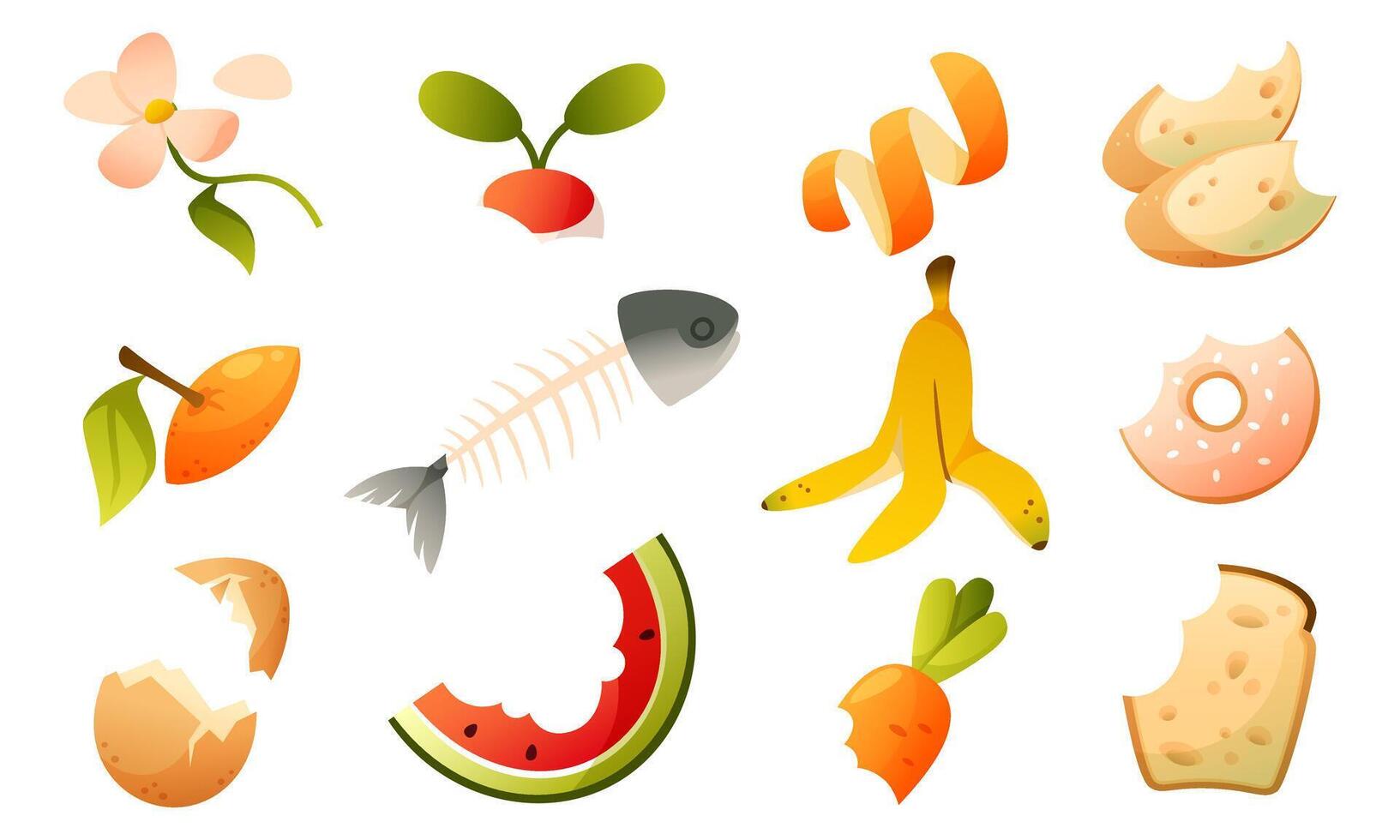 Natural organic waste, spoiled food scraps used for composting. Rotting food. Expired food. Watermelon rind, moldy bread, eggshells. Waste sorting, ecological habit, ecological problem. vector