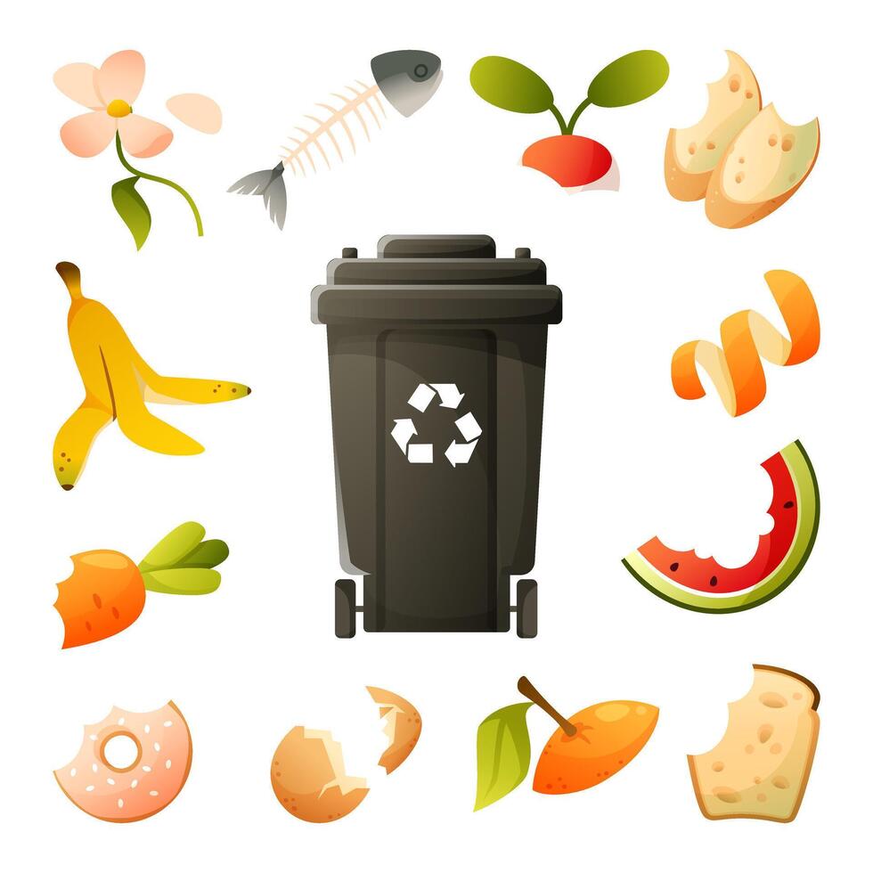 Natural organic waste around a garbage can. Container for sorting garbage. Rotting food. Expired food. Watermelon rind, moldy bread, eggshells. Sorting garbage, ecological habit, ecological problem. vector