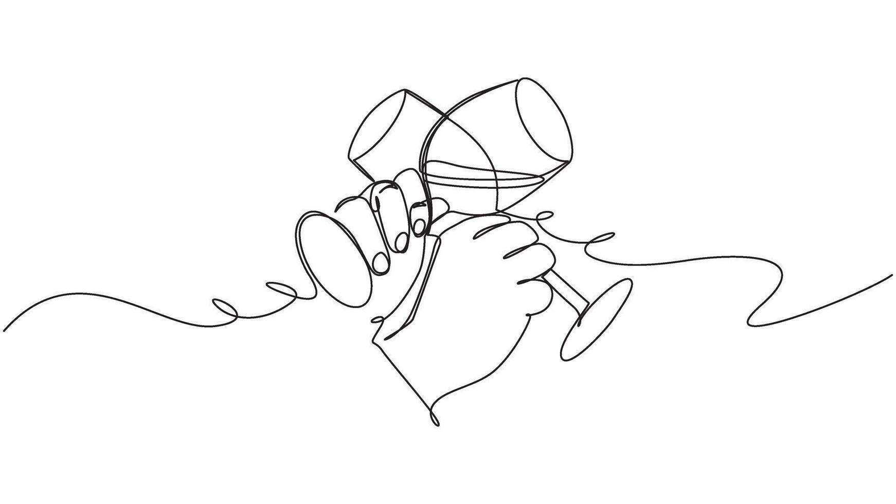 Continuous line drawing of two hands holding and clinking wine glasses together eps 10 vector