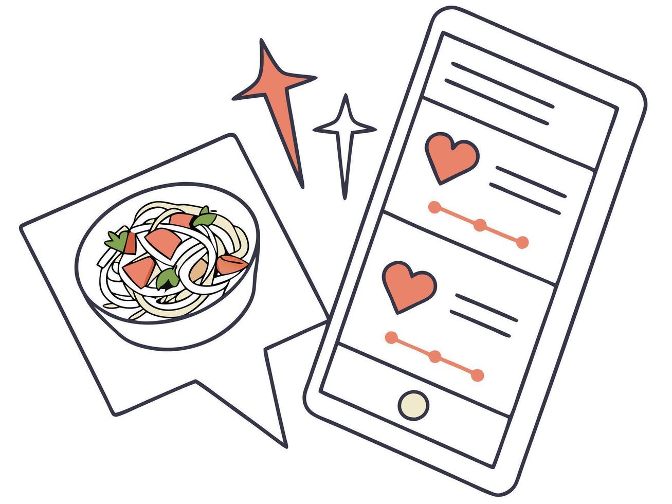 An illustration of a bowl of pasta salad with tomatoes and herbs, positioned next to a smartphone displaying recipe or meal tracking app interface. vector