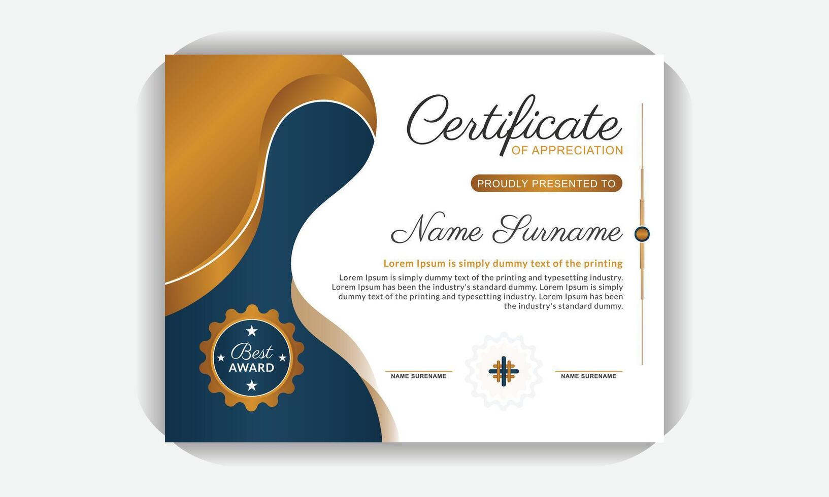 Print ready Certificate template, Colorful layout, with right align all content and left sided modern abstract design, elegant blue and gold diploma certificate template vector