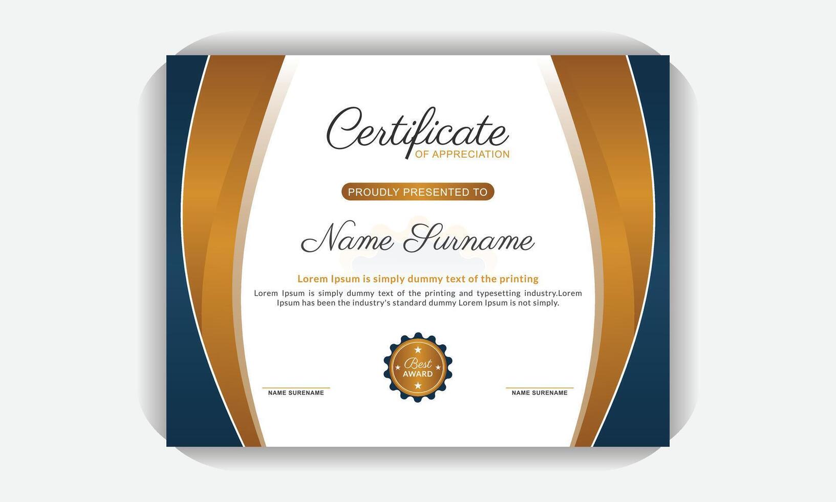 Print ready Certificate template, creative colorful design professional layout, Golden color and dark blue color, elegant certificate of appreciation template vector