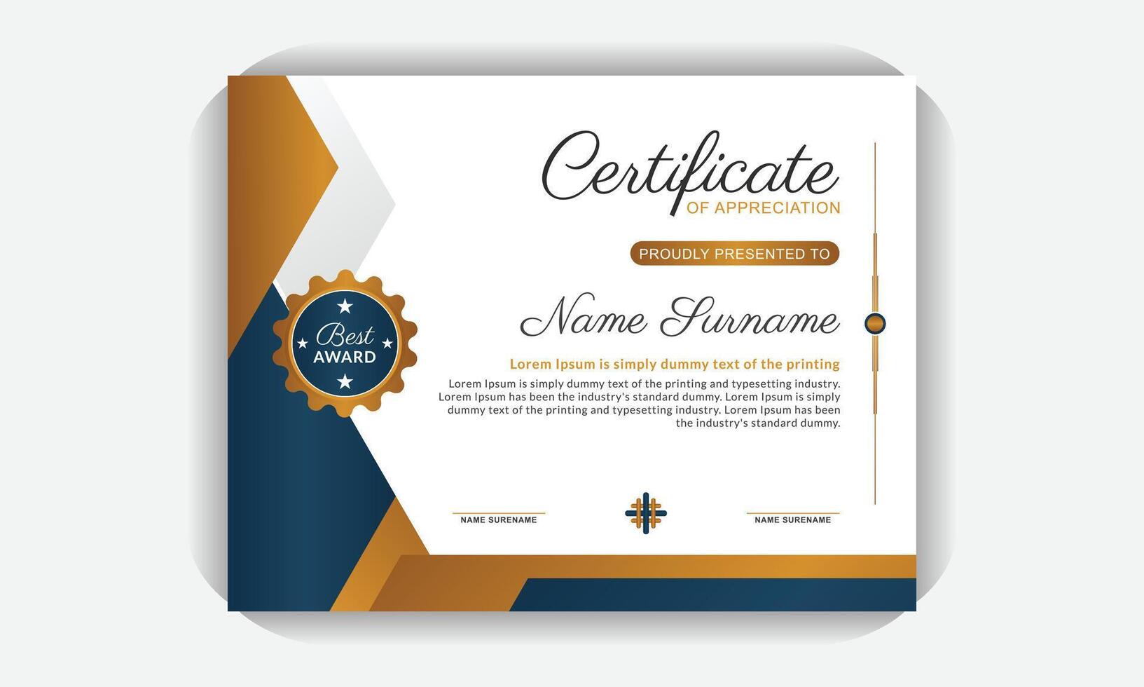 Print ready Certificate template, creative stylish luxury unique and professional layout, with right align all content and left sided modern abstract design, elegant blue and gold diploma certificate vector
