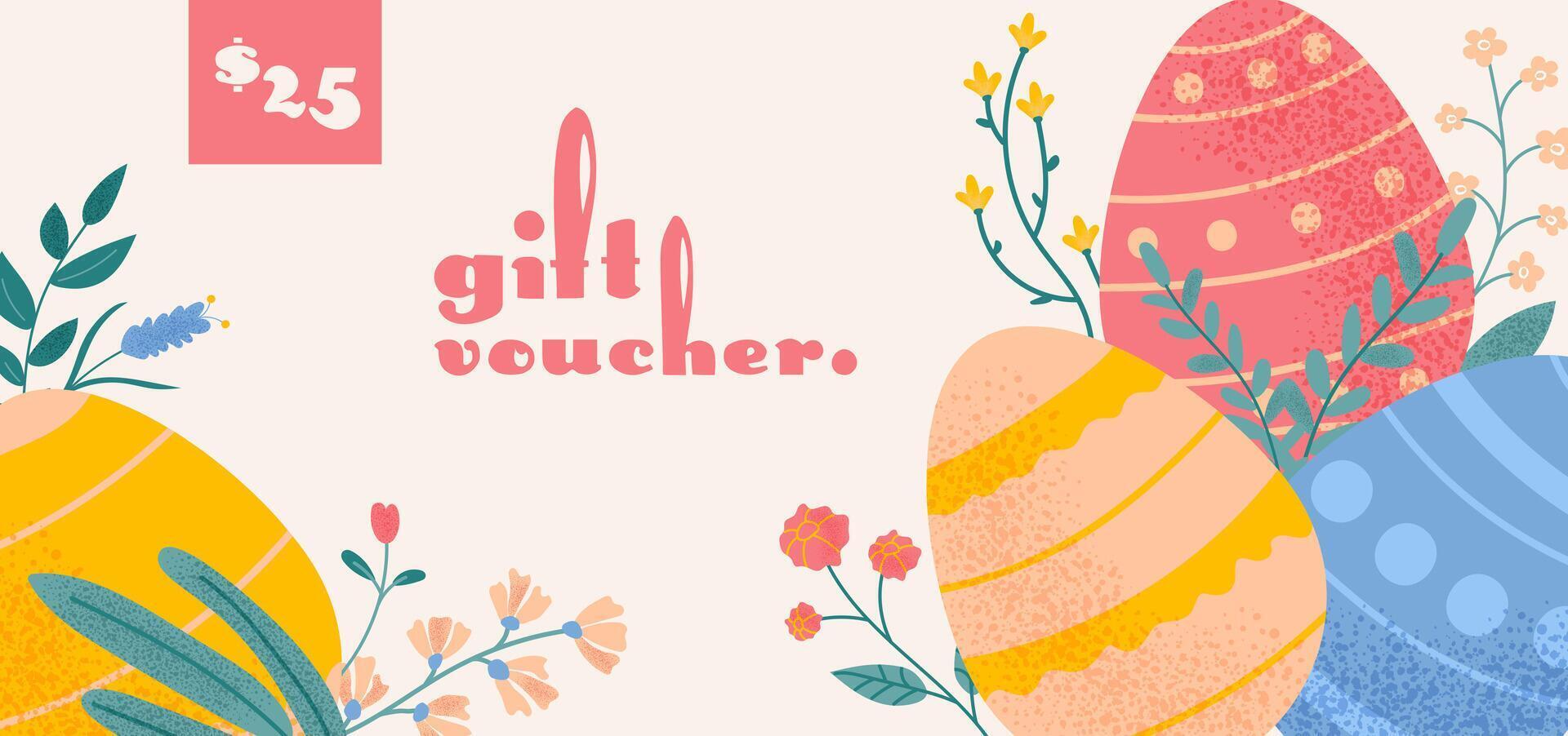 Gift voucher for Happy Easter holiday. Template of promotion and shopping with eggs, flowers and leaves. illustration for ad, promotion, flyer, brochure, discount, advertisement vector