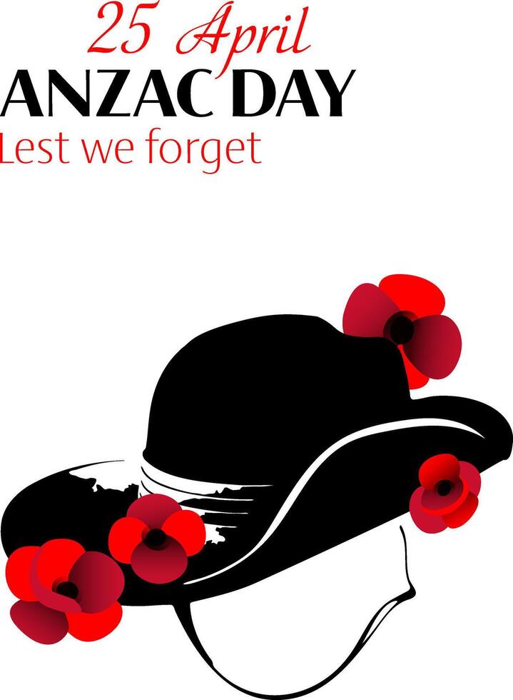 Anzac day vertical poster with slouch hat and poppy flowers on white background vector