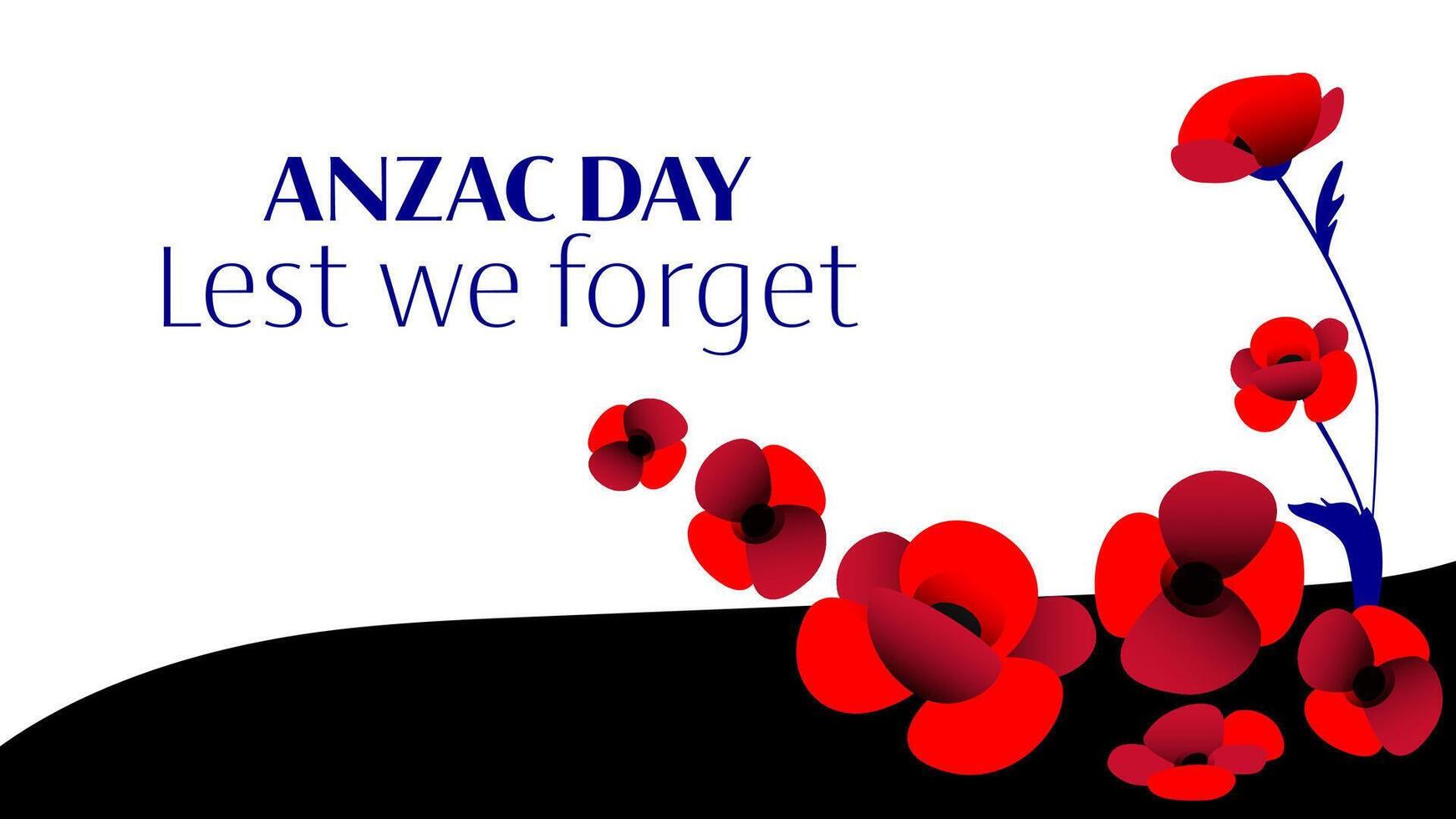 Anzac day horizontal banner with poppy flower composition on black and white vector