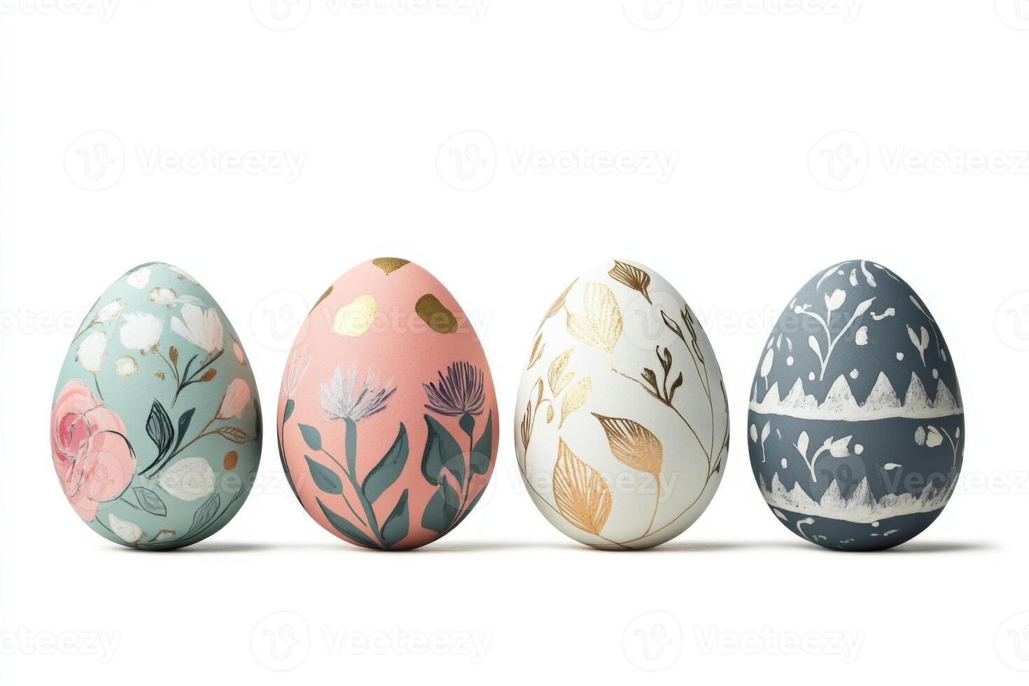 Easter eggs with primitive style folk motif isolated on white background featuring vibrant pastel colors and intricate designs isolated on white background photo
