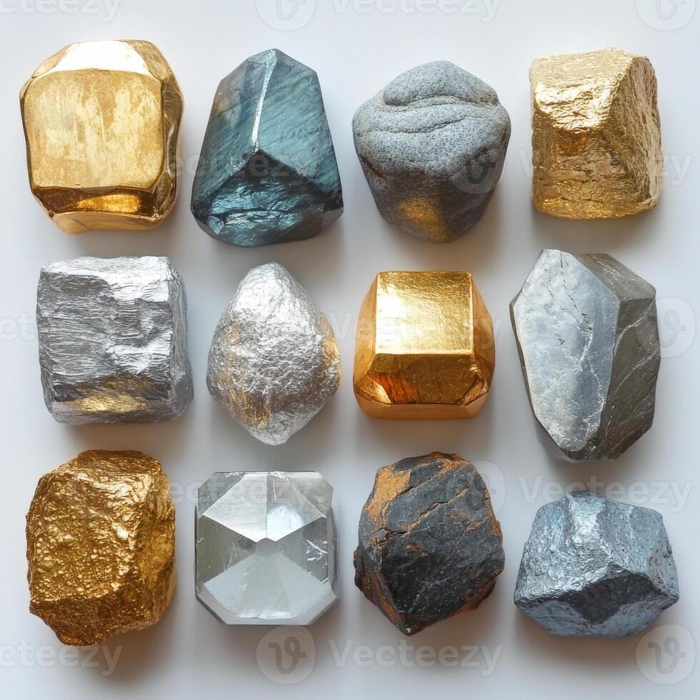 Natural gold silver gemstones on white background showcasing their unique shapes and textures, mineral specimens and decorative stones photo