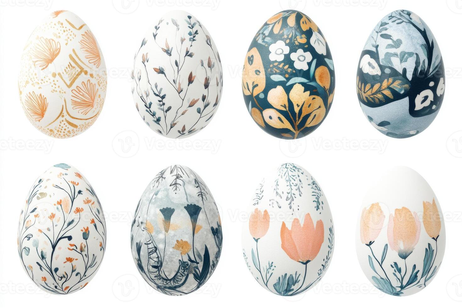 Easter eggs with folk motif isolated on white background showcasing intricate designs and vibrant colors in a visually appealing arrangement photo
