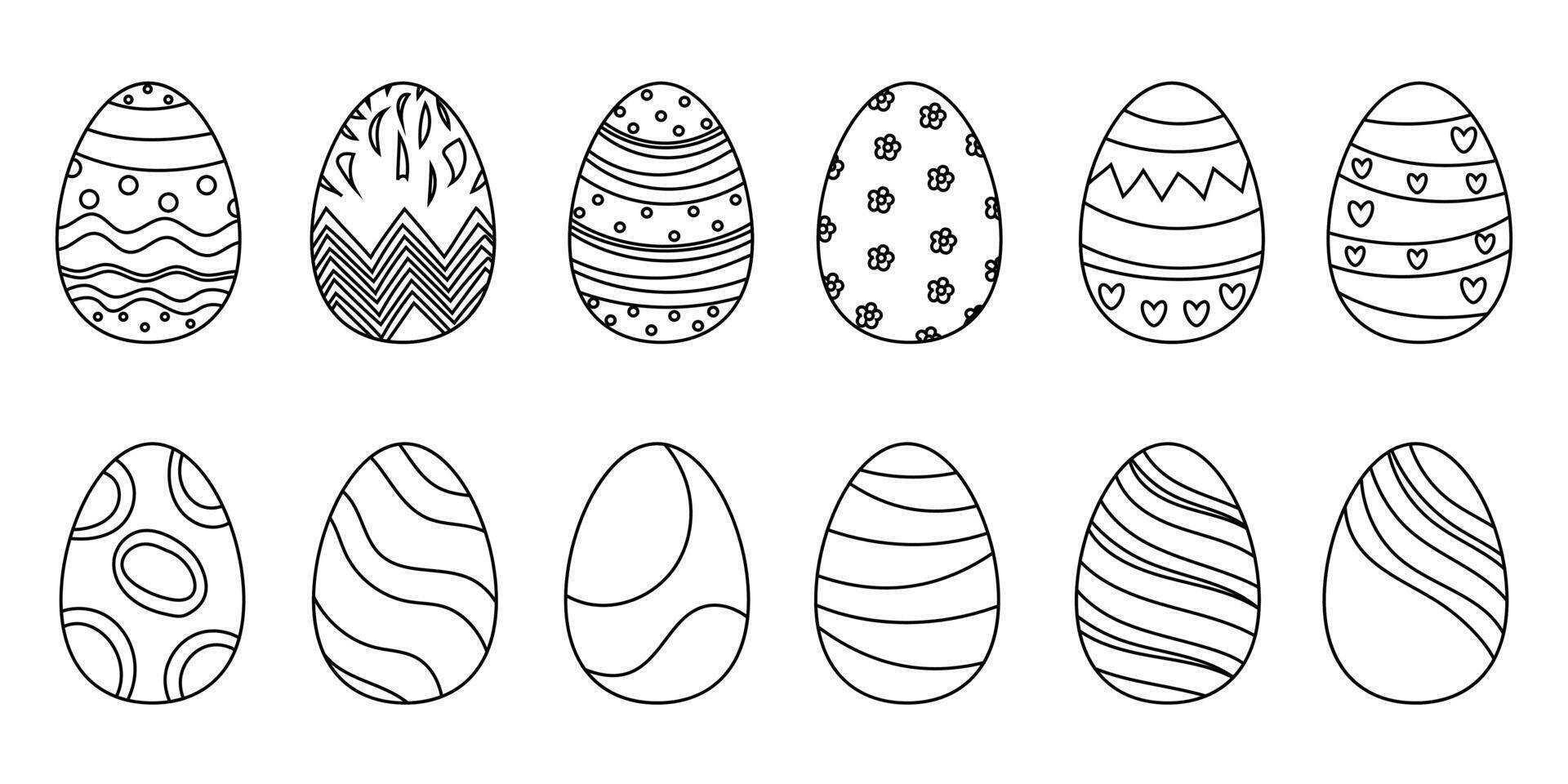 Coloring easter eggs outline set, black and white illustratio vector