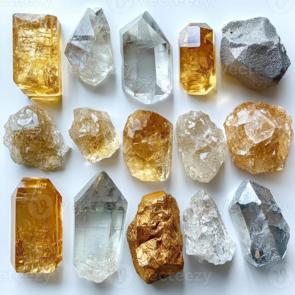 Various natural gemstones featuring gold and silver hues arranged neatly, highlighting their unique textures and vibrant colors, an appealing sight for collectors and nature lovers alike. photo