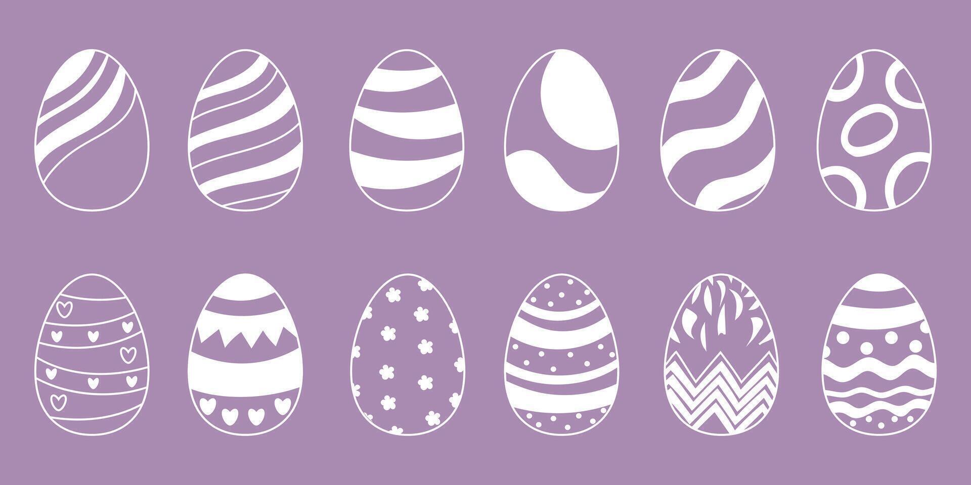 Easter egg set with outline decorative patterns on purple background vector