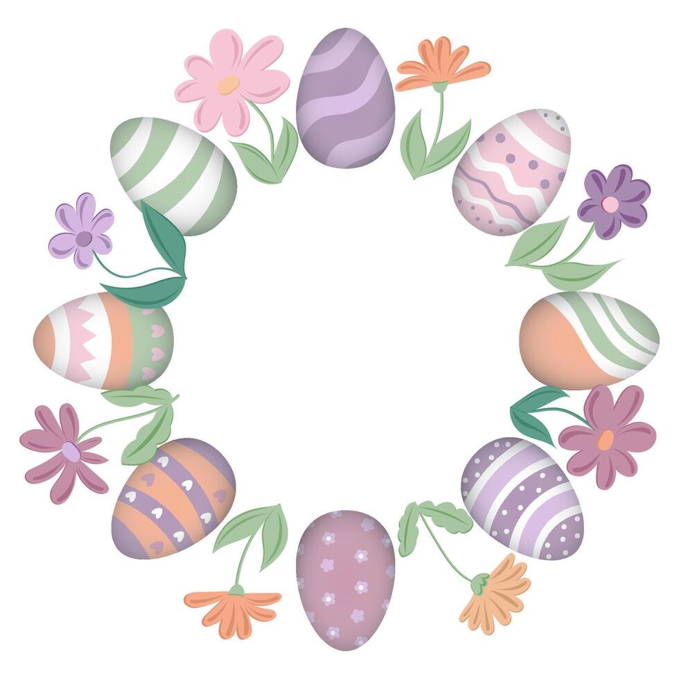 Easter egg wreath with flowers, decorative holiday frame vector