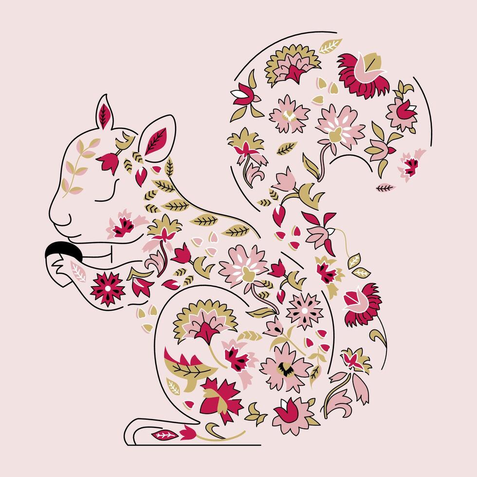 Squirrel with flowers and leaves on pink background vector